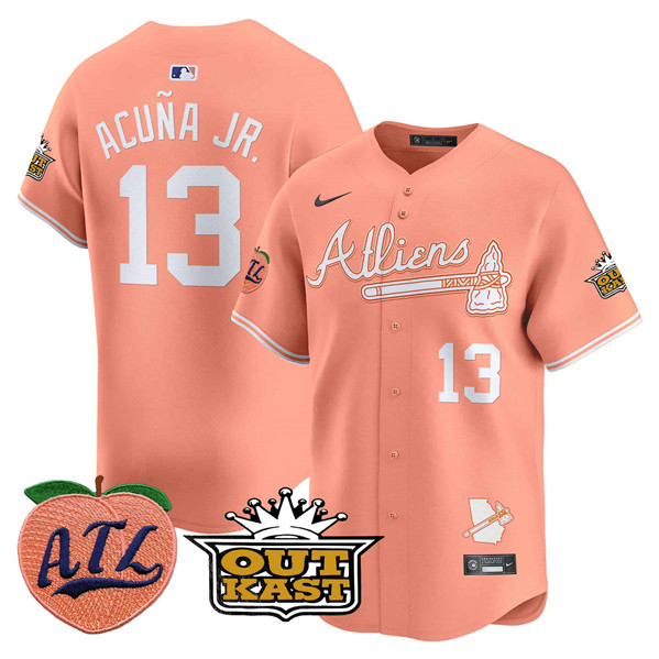 Men's Peach Atlanta Braves #13 Ronald Acuña Jr. 2024 Atliens & Peach With Outkast Patch Vapor Limited Stitched Baseball Jersey